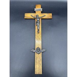 VTG Large Wooden Crucifix Cast Metal Jesus 16” Cross MCM Angel Weathered INRI